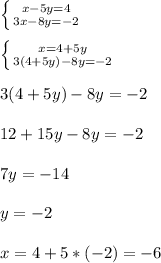 \left \{ {{x-5y=4} \atop {3x-8y=-2}} \right. \\ \\ \left \{ {{x=4+5y} \atop {3(4+5y)-8y=-2}} \right. \\ \\ 3(4+5y)-8y=-2 \\ \\ 12+15y-8y=-2 \\ \\ 7y=-14 \\ \\ y=-2 \\ \\ x=4+5*(-2)=-6