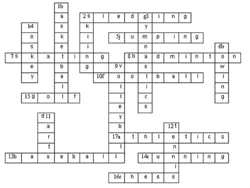 Crossword “sports” horizontal: 2. катание на санках. 5. прыжки. 7. бывает фигурное. 8. игра с ракетк