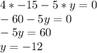 4*-15-5*y=0\\&#10;-60-5y=0\\&#10; -5y=60\\&#10; y=-12