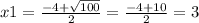 x1= \frac{-4+ \sqrt{100} }{2} = \frac{-4+10}{2} =3