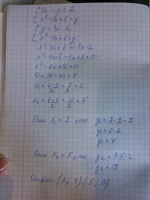 Как решить систему? {3x-y=2 x^2-4x+8=y