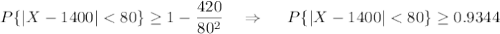 P\{|X-1400|<80\}\geq1-\dfrac{420}{80^2}~~~\Rightarrow~~~~ P\{|X-1400|<80\}\geq0.9344