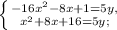 \left \{ {{-16 x^{2} -8 x+1=5 {y}, } \atop { x^{2} +8 {x} +16=5 {y};}} \right.