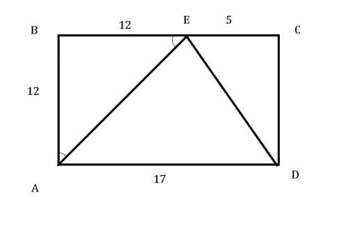 На стороне вс прямоугольника авсд, у которого ав-12 и ад=17, отмечена точка е так, что угольеав=45гр