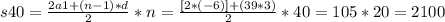 s40 = \frac{2a1+(n-1)*d}{2} * n = \frac{[2*(-6)]+(39*3)}{2} * 40 = 105 * 20 = 2100