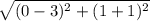 \sqrt{(0-3)^{2}+(1+1)^{2}}