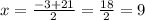 x=\frac{-3+21}{2}=\frac{18}{2}=9