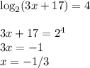 \log_2(3x+17)=4\\&#10;\\&#10;3x+17=2^4\\&#10;3x=-1\\&#10;x=-1/3