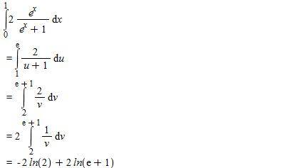 Интеграл, нижний предел 0, верхний 1. (2e^x*dx) / (e^x+1)