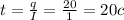 t= \frac{q}{I} = \frac{20}{1} =20c