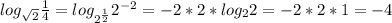 log_{\sqrt{2}}\frac{1}{4} = log_{2^{ \frac{1}{2} }}2^{-2}=-2*2*log_{2}2=-2*2*1=-4