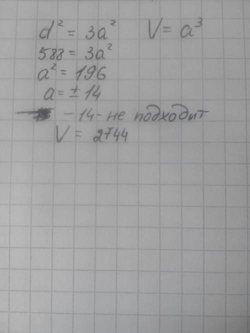 Диагональ куба =√ 588 .найдите его объем. решите