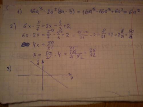 1.разложите на множители 16a^3-2a^2(8a-3) 2.решите уравнения 6x-5/7=2x-1/3+2 3.изобразите схематично