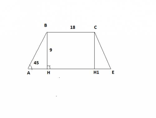 Найдите площадь равнобокой трапеции,если ее меньшее основание равно 18 см,высота 9 см,и острый угол