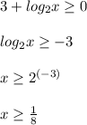 3+log_{2} x \geq 0 \\ \\ log_{2} x \geq -3 \\ \\ x \geq 2^{(-3)} \\ \\ x \geq \frac{1}{8}