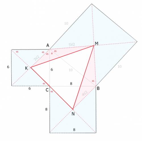 Решите и рисунок: на сторонах прямоугольного треугольника с катетами 6 и 8 построены квадраты, лежащ