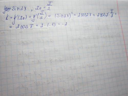 Найдите угловой коэффициент касательной к графику функции: у=sin2x в точке х0 равно pi \2