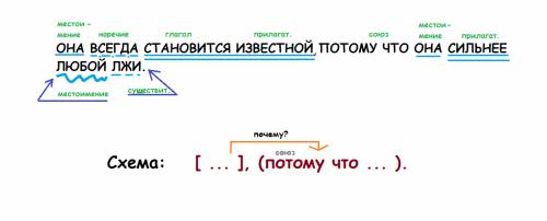 Синтаксичискии разбор предложения она всегда становится известной потому что она сильнее любой лжи