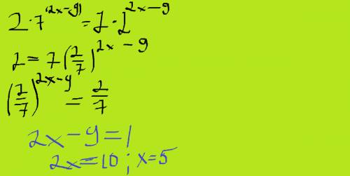 Корень уравнения 2· 7^(2x-9) = 7· 2^(2x-9) равен