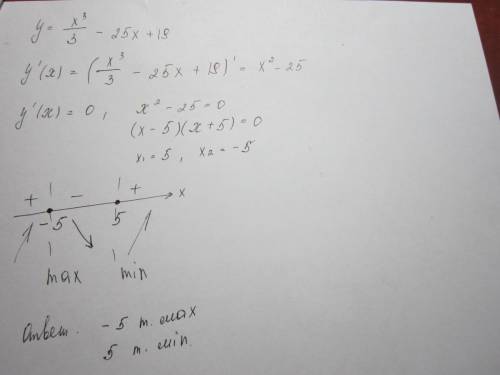 Найти точки мин. и макс. y= x^3/3 - 25x + 19 нахожу производную = x^2-25 приравниваю к 0, получается