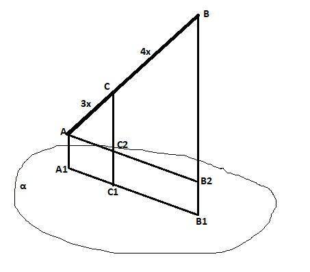 Отрезок ab не пересекает плоскость альфа.растояние от точек a и b 2 см и 23 см.c ab, ac: cb=3: 4.най