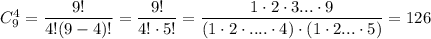 C_9^4= \dfrac{9!}{4!(9-4)!} =\dfrac{9!}{4!\cdot5!}= \dfrac{1\cdot 2\cdot 3...\cdot9}{(1\cdot 2\cdot....\cdot 4)\cdot (1\cdot 2...\cdot 5)} = 126