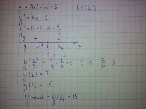 Найдите наибольшее значение функции у = 3х^2 – х + 5 на отрезке [1; 2].