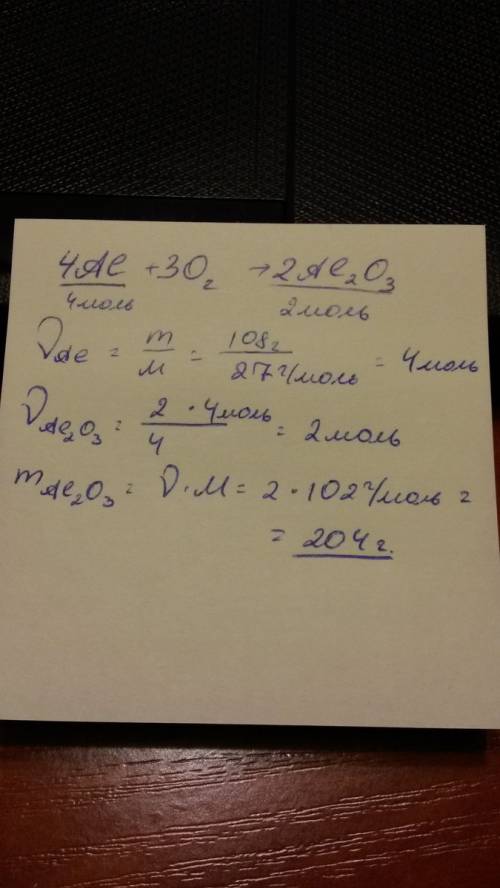 Определить массу оксида алюминия,который образуется при взаимодействии 108г алюминия с кислородои