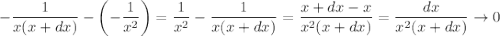 -\dfrac1{x(x + dx)}-\left(-\dfrac1{x^2}\right)=\dfrac1{x^2}-\dfrac1{x(x+dx)}=\dfrac{x+dx-x}{x^2(x+dx)}=\dfrac{dx}{x^2(x+dx)}\to0