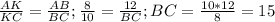 \frac{AK}{KC} = \frac{AB}{BC} ; \frac{8}{10} = \frac{12}{BC};BC= \frac{10*12}{8} =15