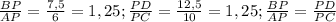 \frac{BP}{AP} = \frac{7,5}{6}=1,25; \frac{PD}{PC}= \frac{12,5}{10}=1,25; \frac{BP}{AP}= \frac{PD}{PC}