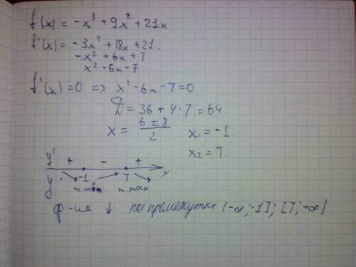 Найдите промежутки убывания функции f (x) =-x^3+9 x ^2 + 21 x