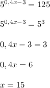 5^{0,4x-3}=125\\\\5^{0,4x-3}=5^3\\\\0,4x-3=3\\\\0,4x=6\\\\x=15