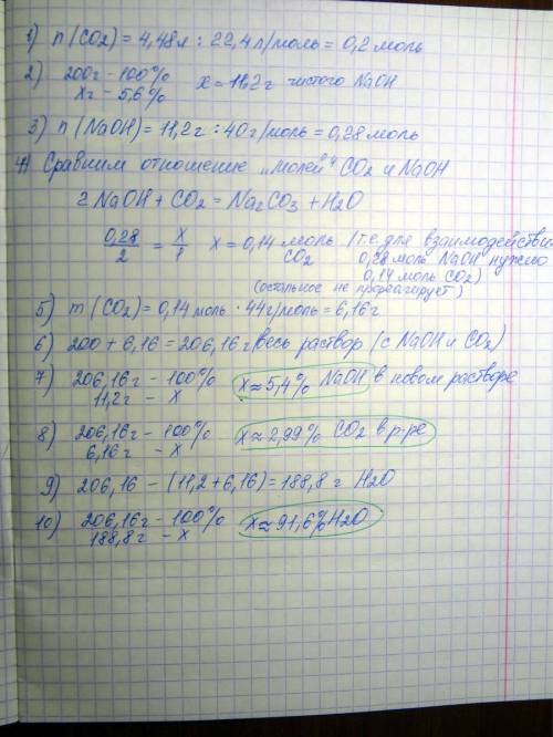 Раствор, получили пропусканием 4,48 л углекислого газа через 200 г 5,6 %-ного раствора гидроксида на