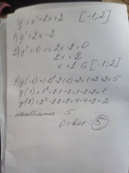 Найти наибольшее значение функции y=x^2-2*x+2 отрезке [-1; 2]