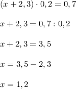 (x+2,3)\cdot 0,2=0,7\\\\x+2,3=0,7:0,2\\\\x+2,3=3,5\\\\x=3,5-2,3\\\\x=1,2