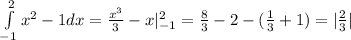 \int\limits^2_{-1} { x^2-1 }dx=\frac{x^3}{3}-x |^2_{-1} = \frac{8}{3}-2 - (\frac{1}{3}+1)=|&#10; \frac{2}{3}|