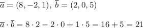 \overline{a}=(8,-2,1),\; \overline{b}=(2,0,5)\\\\\overline{a}\cdot \overline{b}=8\cdot 2-2\cdot 0+1\cdot 5=16+5=21