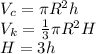 V _{c}= \pi R ^{2}h \\V _{k}= \frac{1}{3} \pi R ^{2}H\\H=3h \\