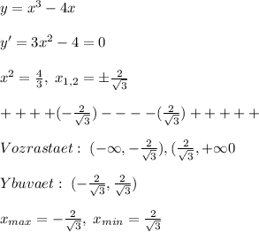 y=x^3-4x\\\\y'=3x^2-4=0\\\\x^2=\frac{4}{3},\; x_{1,2}=\pm \frac{2}{\sqrt3}\\\\++++(-\frac{2}{\sqrt3})----(\frac{2}{\sqrt3})+++++\\\\Vozrastaet:\; (-\infty,-\frac{2}{\sqrt3}),(\frac{2}{\sqrt3},+\infty0\\\\Ybuvaet:\; (-\frac{2}{\sqrt3},\frac{2}{\sqrt3})\\\\x_{max}=-\frac{2}{\sqrt3},\; x_{min}=\frac{2}{\sqrt3}