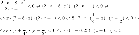 \displaystyle \frac{2 \cdot x+8 \cdot x^{2}}{2 \cdot x-1}<0 \Leftrightarrow (2 \cdot x+8 \cdot x^{2})\cdot(2 \cdot x-1)<0 \Leftrightarrow \\\\\Leftrightarrow x \cdot (2 +8 \cdot x)\cdot (2 \cdot x-1)<0 \Leftrightarrow 8 \cdot 2 \cdot x \cdot (\frac{1}{4} + x)\cdot(x-\frac{1}{2})<0 \Leftrightarrow \\\\\Leftrightarrow x \cdot (x+\frac{1}{4}) \cdot (x-\frac{1}{2})<0 \Leftrightarrow x \cdot (x+0,25) \cdot (x-0,5)<0