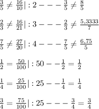 \frac{3}{5} \neq \frac{16}{10}|:2--- \frac{3}{5} \neq \frac{8}{5}\\ \\ &#10;\frac{2}{3} \neq \frac{16}{21}|:3---\frac{2}{3} \neq \frac{5,3333}{7} \\ \\ &#10;\frac{7}{5} \neq \frac{27}{20}|:4---\frac{7}{5} \neq \frac{6,75}{5} \\ \\ &#10;\frac{1}{2} = \frac{50}{100}|:50--\frac{1}{2} = \frac{1}{2} \\ \\ &#10;\frac{1}{4} = \frac{25}{100}|:25--\frac{1}{4} = \frac{1}{4} \\ \\ &#10;\frac{3}{4} = \frac{75}{100}|:25---\frac{3}{4} = \frac{3}{4}