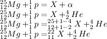 _{12}^{25}Mg+_1^1p=X+ \alpha \\ _{12}^{25}Mg+_1^1p=X+ _2^4He\\ _{12}^{25}Mg+_1^1p=_{12+1-2}^{25+1-4}X+ _2^4He\\ _{12}^{25}Mg+_1^1p=_{11}^{22}X+ _2^4He