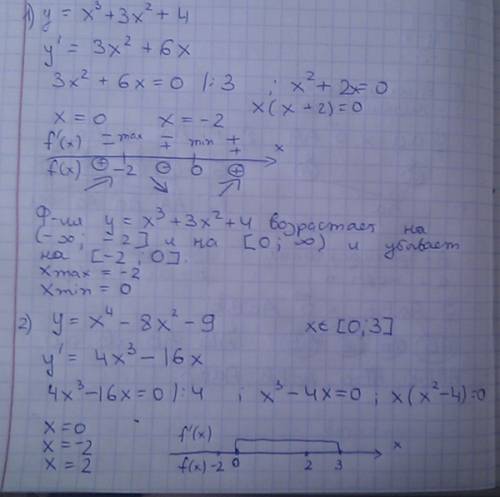 1)исследовать функцию y=x^3+3x^2+4 на екстремум и найти промижутки возрастания и убывания. 2)найти н