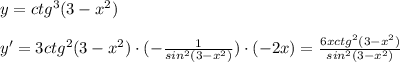 y=ctg^3(3-x^2)\\\\y'=3ctg^2(3-x^2)\cdot (-\frac{1}{sin^2(3-x^2)})\cdot (-2x)=\frac{6xctg^2(3-x^2)}{sin^2(3-x^2)}