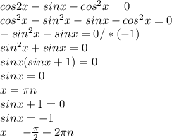 cos2x-sinx-cos ^{2} x=0 \\ cos^{2} x-sin^{2} x-sinx-cos^{2} x=0 \\ -sin^{2} x-sinx=0 /*(-1)\\ sin^{2} x+sinx=0 \\ sinx(sinx+1)=0 \\ sinx=0 \\ x= \pi n \\ sinx+1=0 \\ sinx=-1 \\ x=- \frac{ \pi }{2} +2 \pi n