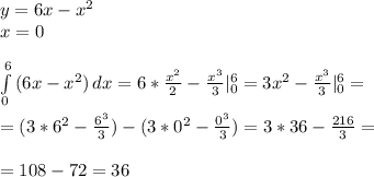 y=6x-x^2 \\ &#10;x=0 \\ \\ &#10; \int\limits^6_0 {(6x-x^2)} \, dx =6* \frac{x^2}{2} - \frac{x^3}{3} |^6_0=3x^2 - \frac{x^3}{3} |^6_0= \\ \\ &#10;=(3*6^2 - \frac{6^3}{3})-(3*0^2 - \frac{0^3}{3})=3*36 - \frac{216}{3}= \\ \\ &#10;=108 -72=36