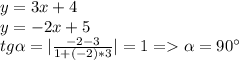 y=3x+4\\y=-2x+5\\tg\alpha=|\frac{-2-3}{1+(-2)*3}|=1=\alpha=90^\circ