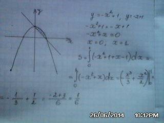1.вычислите(предварительно сделав рисунок) площадь фигуры ограниченной линиями у=-х2+1 и у=-х+1