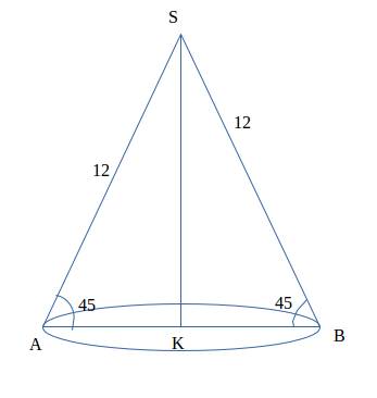 Образующая конуса равна 12см, составляет с плоскость. основания угол 45. найдите объём конуса.